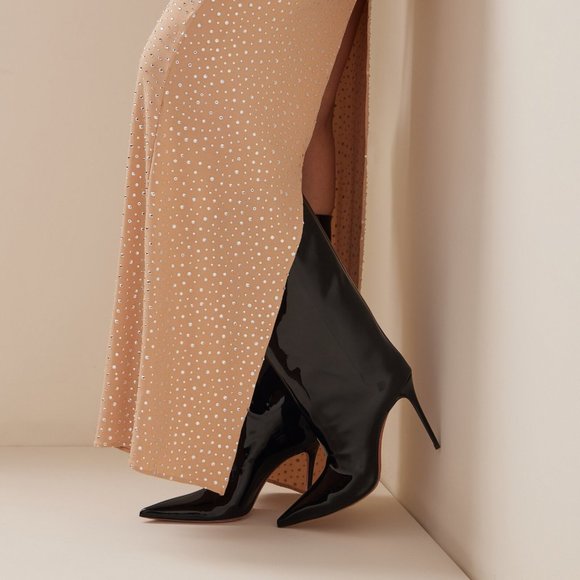 Amina Muaddi Shoes - Amina Muaddi FIONA Boots Patent Black Shiny Stiletto Heels EUSize 39 NEW!